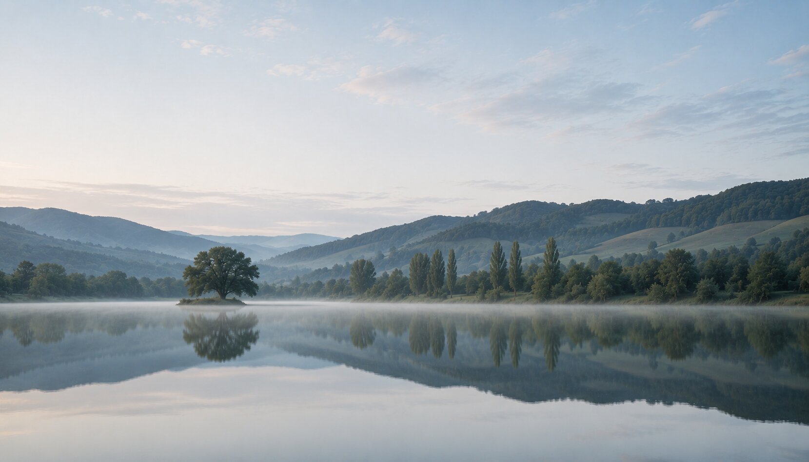 Ruhige Flusslandschaft mit Morgennebel und bewaldeten Hügeln